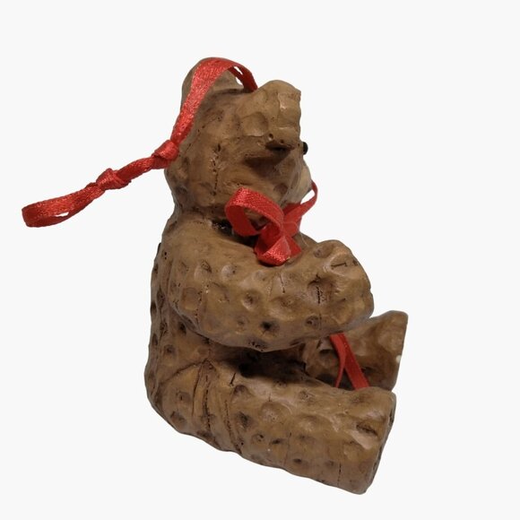 Teddy Bear Christmas Ornament Rustic Cottage Cabin Lodge Brown Red Ribbon Bow - Picture 4 of 8